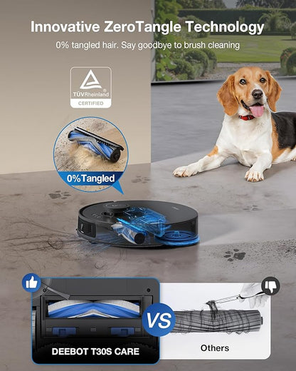 ECOVACS DEEBOT T30S Care Robot Vacuum and Mop, 11000Pa, ZeroTangle Technology, TruEdge Adaptive Edge Mopping, Hot Water Washing, Self-Emptying, Self Refilling, Auto-Mop Lifting, Obstacle Avoidance