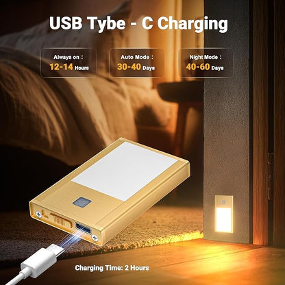 Rechargeable Motion Sensor Night Lights, 4-Pack - Brushed Gold Aluminum Alloy, Ultra-Compact Magnetic Mount, 3000K Warm White Glow, Ideal for Hallways, Bedrooms, Stairs & Nightly Use