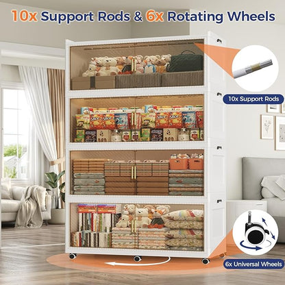 240 Gallon Extra Large Collapsible Storage Bin with Lid, 960QT Stackable Plastic Organizer with 6x Wheels, Foldable Drawer Cabinet for Closet, Living Room Office, Kitchen 3Pack, White