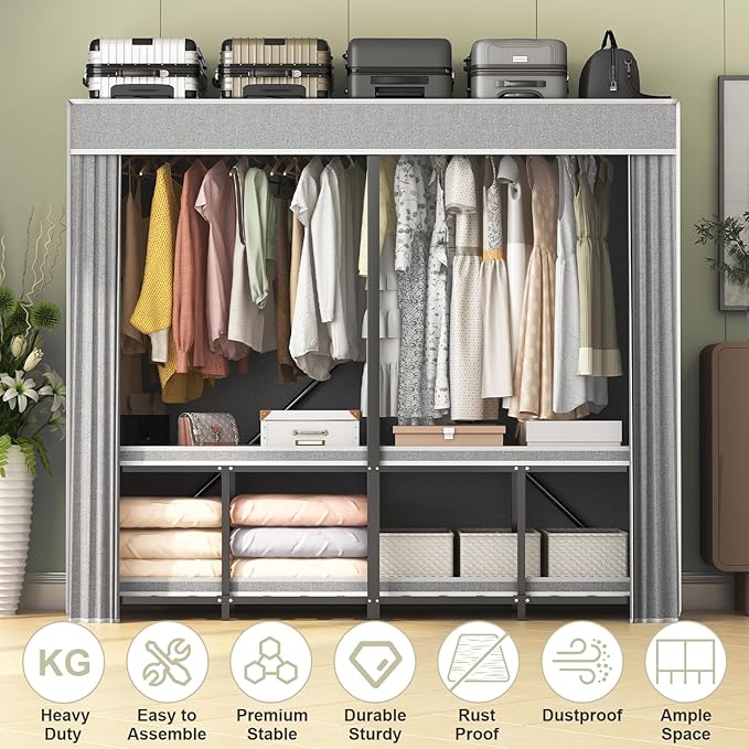 95% Assembeld Strong Garment Rack, Premium Metal 75" L Extra Large Heavy Duty Clothes Rack with Cover, Portable Foldable Freestanding Strong Clothes Racks for Hanging Clothes, Black