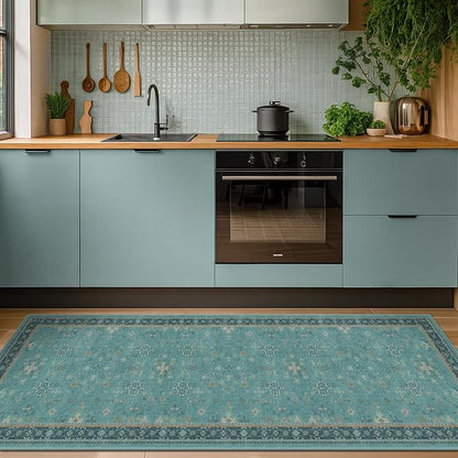 Teal Boho 2x5 Non Slip Small Kitchen Rug Runner - Washable Low Pile & Soft Carpet for Bathroom, Bedroom Beside Bed, Non Skid Floral Vintage Rugs for Laundry Room, Entryway