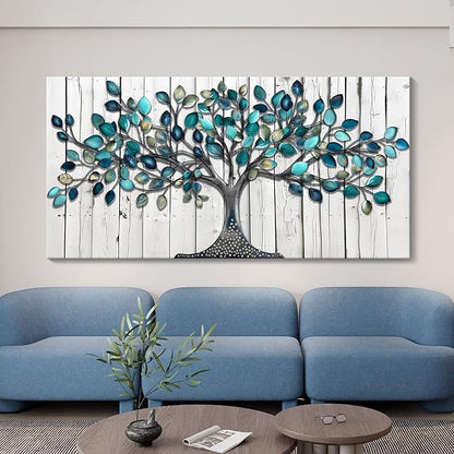 CHATYOUNG Wall Art Living Room - Large Green Tree of Life Wood Textured Background Modern Paintings Wall Decor Artwork for Bedroom Dining Room Office Kitchen Home Decor 48"x24"