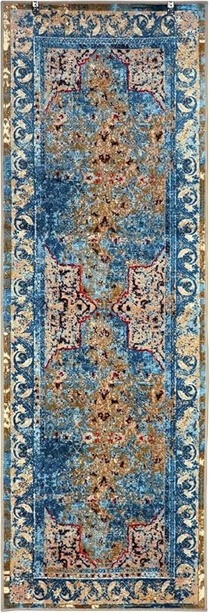 Superior Indoor Non-Slip Runner Rug, Modern Overdyed Machine Washable Rugs, Home Floor Decor For Entryway, Office, Bedroom, Living/Dining, Kitchen, Angeles Collection, Green-Beige, 2' 7" x 8'