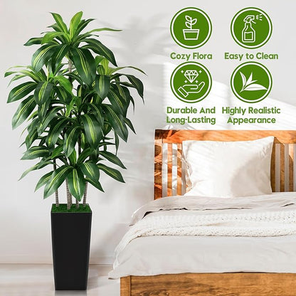 Artificial Dracaena Tree Indoor, 6FT Tall Fake Tree with Black Tall Planter, Artificial Trees Fake Yucca Potted Tree for Home Office Living Room Decor, Tall Artificial Plant for Housewarming