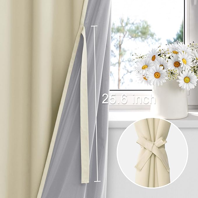 XWZO 100% Blackout Curtains with Tiebacks- 2 Thick Layers Completely Shaded Window Treatment Thermal Insulated Lined Drapes with Grommets for Bedroom/Laundry, Beige, W52 x L95, Set of 2 Panels