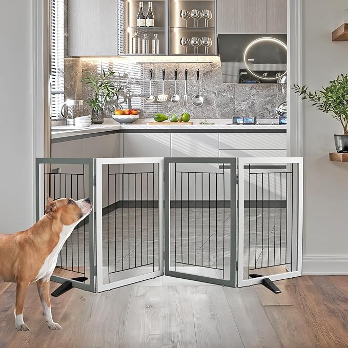 ZJSF Freestanding Dog Gate Indoor, Foldable Dog Fence for Doorways,Hallways or Stairs, Sturdy Wood Extra Wide Pet Gate with Support Feet,Grey,32 "Height-4 Panels