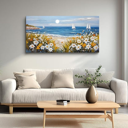 KELIYUAN Vintage Landscape Painting Home Decor Canvas Blue Ocean Beach Picture Print Wall Art For Living Room Farmhouse Dinin Mural White Flowers Bedroom Office Wall Decor Easy To Hang 20x40 Inches