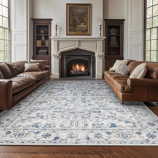 jinchan 6x9 Machine Washable Area Rugs for Living Room - Vintage Floral Stain Resistant Low Pile Ultra-Thin Non Slip Accent Rug for Bedroom Kitchen Dining Room Home Office (6x9ft,Blue)
