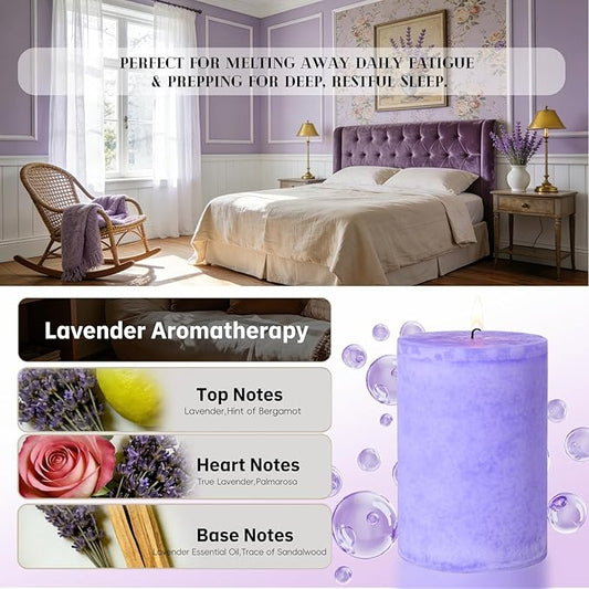4 Pcs Purple Lavender Scented Pillar Candles, 60 H Long Burning, Natural Essential Oils,2.8x4in Non-Toxic & Smokeless,Calming Aromatherapy for Bedroom Sleep Aid/Bath SPA/Office Stress Relief