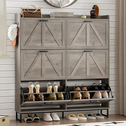Shoe Cabinet with 6 Flip Drawers Narrow Shoe Storage Cabinet Organizer Wooden Freestanding Shoe Rack Hidden Slim Shoes Storage Cabinet for Entryway, Hallway, Living Room, Bedroom