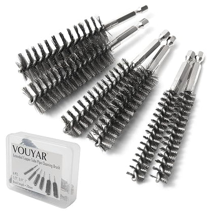 6pcs Extended Copper Tube Pipe Cleaner, 1/2” 3/4” 1” Pipe Cleaning Brush Set, Stainless Steel Wire Bore Brushes for Power Drill, 1/4 Inch Hex Shank