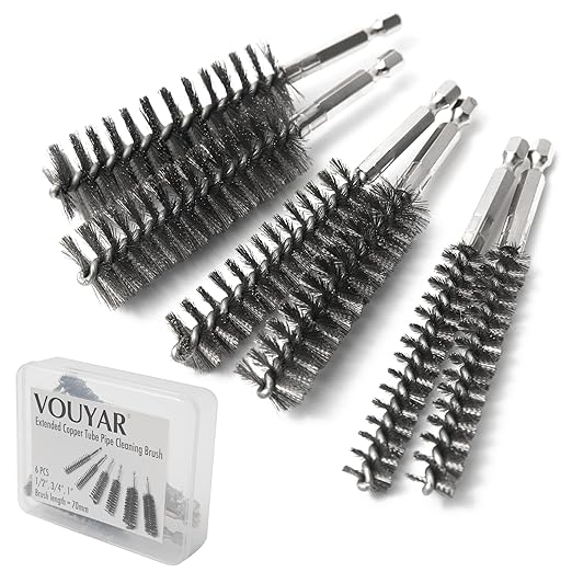 6pcs Extended Copper Tube Pipe Cleaner, 1/2” 3/4” 1” Pipe Cleaning Brush Set, Stainless Steel Wire Bore Brushes for Power Drill, 1/4 Inch Hex Shank