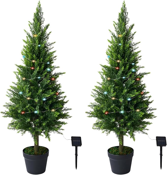 2 Packs of Fake Cypress Plants, 4FT Artificial Cedar Pruning Tree, with Flowerpot, UV Resistant Artificial shrubs, Suitable for Outdoor and Indoor Front Porch Gardens