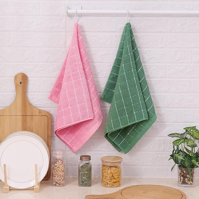 Mordimy 100% Cotton Terry Cloth Kitchen Towels, Super Soft and Absorbent Dish Towels for Drying, Checkered Designed Hand Towels for Kitchen, 16 x 26 Inches, 4 Pack, Grass Green