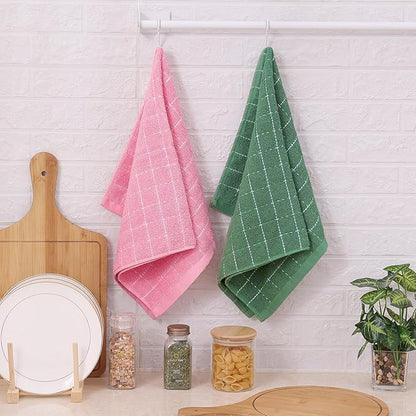 Mordimy 100% Cotton Terry Cloth Kitchen Towels, Super Soft and Absorbent Dish Towels for Drying, Checkered Designed Hand Towels for Kitchen, 16 x 26 Inches, 4 Pack, Grass Green