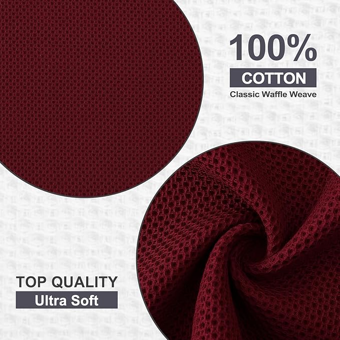 Kitinjoy 100% Cotton Kitchen Dish Cloths, 6 Pack Waffle Weave Ultra Soft Absorbent Dish Towels for Drying Dishes Quick Drying Kitchen Towels Dish Rags, 12 X 12 Inches, Burgundy