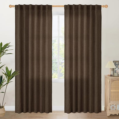 YoungsTex Brown Linen Curtains 80 Inch Length for Living Room, Semi Sheer Window Drapes with Rod Pocket Back Tab Light Filtering for Farmhouse Dining Room Bedroom, 2 Panels, 52 X 80 Inch