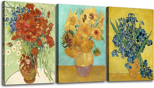 Sunflowers of Vincent Van Gogh Wall Art, Irises Flower Paintings Artwork Reproduction, Giclee Canvas Prints Pictures for Bedroom Kitchen Bathroom Decor 12"x16"x 3 Pcs