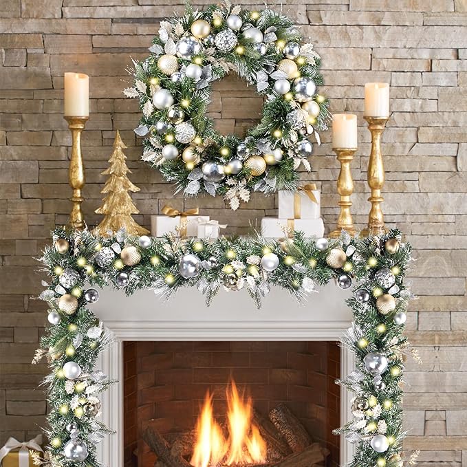 WANNA-CUL Pre-Lit 30 Inch Large Christmas Wreath for Front Door with 50 Led Lights,Champagne Gold Lighted Christmas Door Wreath Decor with Ball Ornaments, Battery Operated