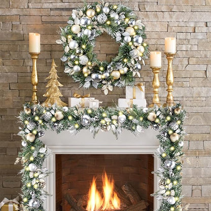 WANNA-CUL Pre-Lit 30 Inch Large Christmas Wreath for Front Door with 50 Led Lights,Champagne Gold Lighted Christmas Door Wreath Decor with Ball Ornaments, Battery Operated