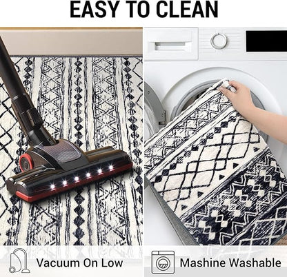 KUTA Moroccan Washable Runner Rugs 2x5, Non-Slip Vintage Black Navy Blue Boho Hallway Kitchen Rugs Ultra Soft Geometric Floor Carpet Runners for Bedroom Laundry Living Room