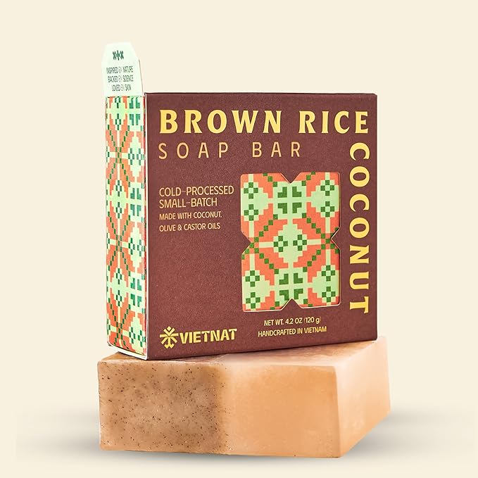 Brown Rice & Coconut Milk 2-in-1 Luxurious Natural Soap Bar (4.2 oz) | Gentle Exfoliation & Nourishing Cleanse | Cold-Processed, Handmade in Vietnam for Smooth, Fresh Skin (Pack of 1)