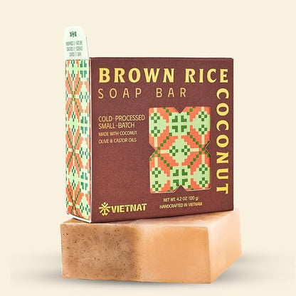 Brown Rice & Coconut Milk 2-in-1 Luxurious Natural Soap Bar (4.2 oz) | Gentle Exfoliation & Nourishing Cleanse | Cold-Processed, Handmade in Vietnam for Smooth, Fresh Skin (Pack of 1)