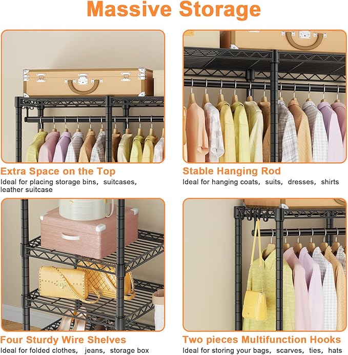 Ulif F4 Heavy Duty Clothes Rack (With Hanger Rod) Freestanding Clothing Racks for Hanging Clothes，Adjustable Closet Organizer System, Portable Garment Rack 45"W x 15.8"D x 71.3"H,Max Load 600LBS,Black