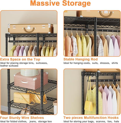 Ulif F4 Heavy Duty Clothes Rack (With Hanger Rod) Freestanding Clothing Racks for Hanging Clothes，Adjustable Closet Organizer System, Portable Garment Rack 45"W x 15.8"D x 71.3"H,Max Load 600LBS,Black