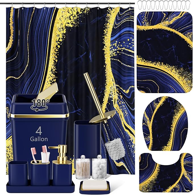 25PCS Bathroom Accessory Set, Navy Blue Bathroom Set with Large-Capacity 4 Gallon Trash Can,Bathroom Rugs Set, Waterproof Shower Curtain, Toilet Brush, Toothbrush Holder & Soap Dispenser