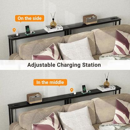 ELYKEN 5.9" Narrow Console Sofa Table with Power Outlets, Total 39.4” Long Behind Couch Table with Charge Station and 5.9’ Extension Cord for Living Room, 5.9" D x 39.4”W x 29.5”H, Black