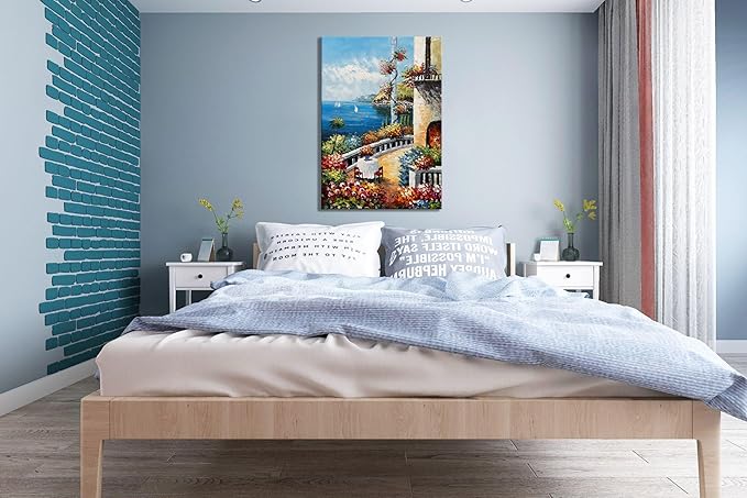 Alenoss Hand Painted Abstract Vertical Canvas Wall Art 28x40 Inches Large 3D Modern Acrylic Painting Mediterranean Sea Landscape Blue Artwork Wall Decor for Home Decorations
