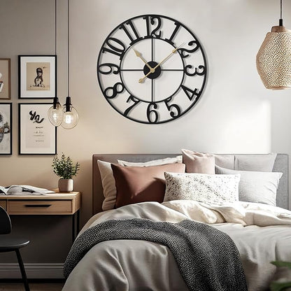 LEIKE Large Wall Clock, 18.5" Silent Non-Ticking, Battery Operated, Oversized, Decorative Retro Black Metal Clock for Living Room,Farmhouse, Dinner Room,Indoor, Outdoor(47cm, Black Arabic Number)