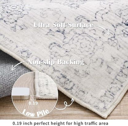 jinchan Runner Rug 2x5 Kitchen Rugs Hallway Runner - Machine Washable Vintage Floral Non-Slip,Low Pile Soft Ultra-Thin Distressed Carpet for Entryway Farmhouse Bedroom Laundry Room (2’x5’,Ivory)