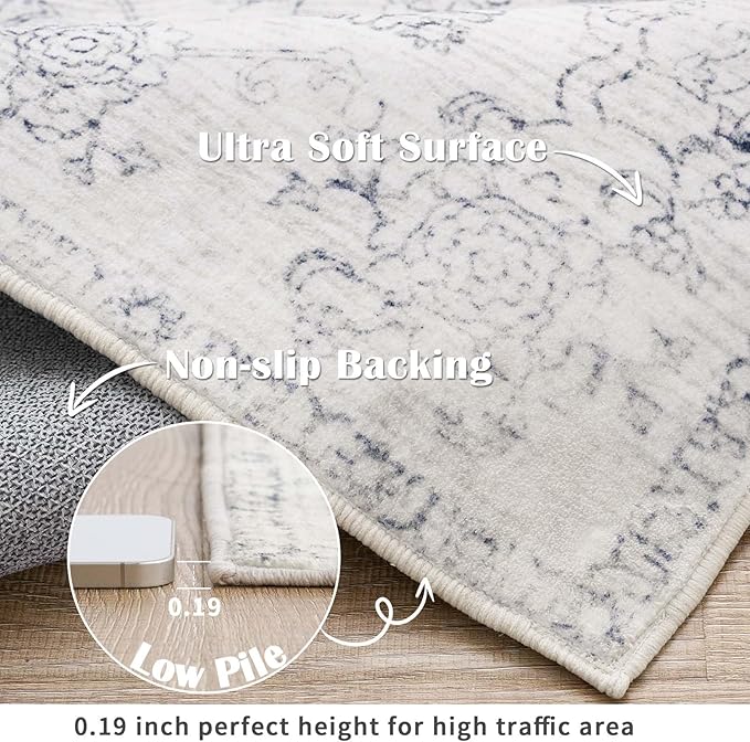 jinchan 6x9 Machine Washable Area Rugs for Living Room – Vintage Floral Soft Stain Resistant Low Pile Rug,Non Slip Ultra-Thin Carpet for Bedroom,Dining Room,Home Office,Nursery (6'x9',Ivory)