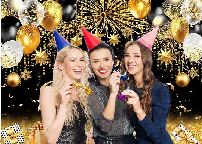 CYLYH 10X8FT 2026 New Year Backdrop Black and Gold Background New Year Holiday Party Banner Backdrop Christmas Party Decorations Banner