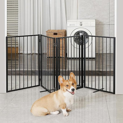 Metal Freestanding Dog Gates with Door for Outdoor Indoor,80'' Extra Wide 24'' Tall Free Standing Dog Gate for Doorways,Large Openings,Deck,Yard,Porch,Foldable Safety Pet Fence(Black,4 Panels)