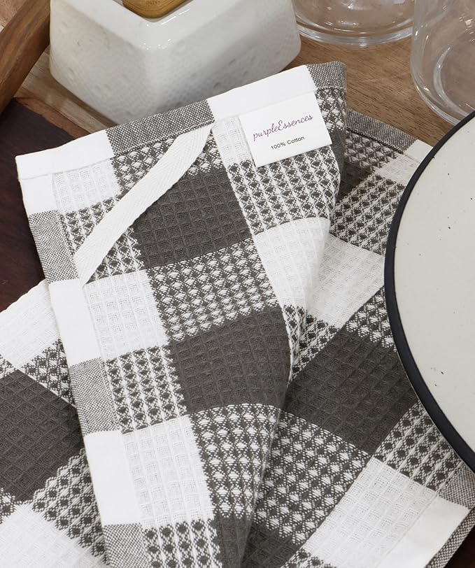 PurpleEssences 100% Cotton Waffle Weave Check Plaid Kitchen Towels, Super Soft and Absorbent Dish Towels for Drying Dishes 15 x 25-4 Pack - Fall Thanksgiving - Steel Grey and White