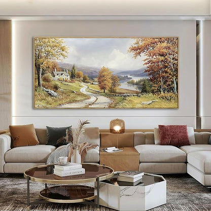 KLAKLA Landscape wall art - Autumn Rustic Field Burnt Orange Tree Landscape PictureC anvas Frame Artwork Farm Log Cabin Farm Wall Decor for Living Room Bedroom Office - 58x29 Inches