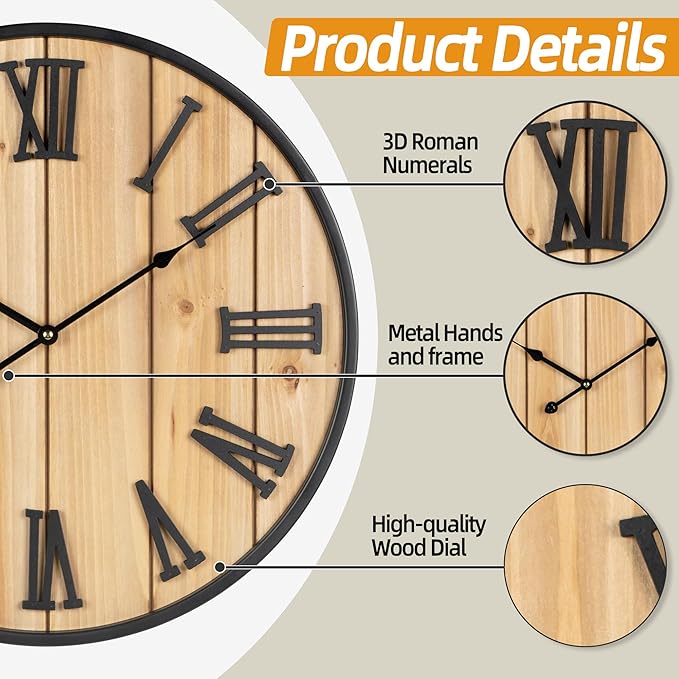 Large Wall Clock 24IN, Silent Metal Wood Style Wall Clocks Battery Operated for Living Room Decor, Farmhouse Big Wall Clock, Outdoor