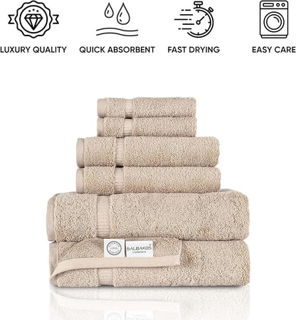 SALBAKOS 100% Turkish Cotton 6-Piece Towel Set | Heirloom Quality Hotel & Spa Collection | Soft, Super Absorbent 2 Washcloth, 2 Hand, 2 Bath Towel Sets | Made in Turkey (Taupe, 6 Piece Towel Set)