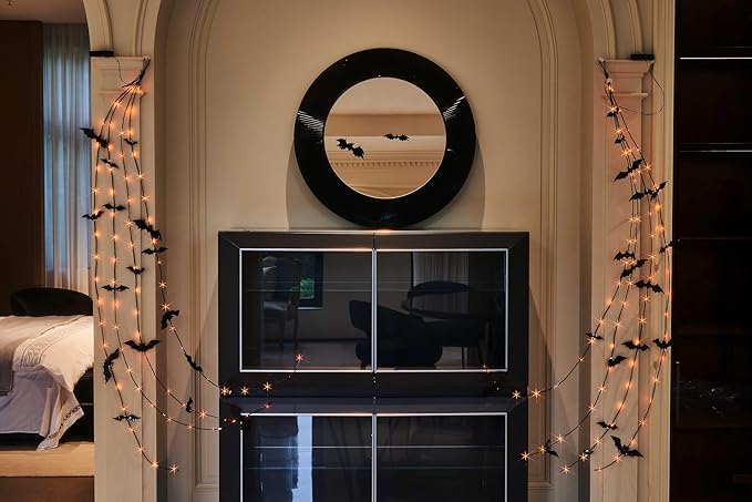 LITBLOOM Halloween Garland with Lights 6FT 80 Orange and Warm White Fairy Lights, Lighted Black Garland Battery Operated with Timer Lit Bats for Wall Porch Decoration (2 Pack)