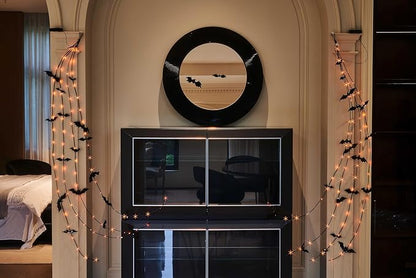 LITBLOOM Halloween Garland with Lights 6FT 80 Orange and Warm White Fairy Lights, Lighted Black Garland Battery Operated with Timer Lit Bats for Wall Porch Decoration (2 Pack)