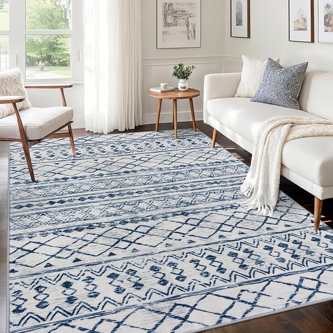 KUTA Area Rug 5x7, Moroccan Large Blue White Rugs Washable Boho Non-Slip, Ultra Soft Geometric Traditional Farmhouse Carpet for Living Room Dining Room Bedroom Dorm Office Home Décor