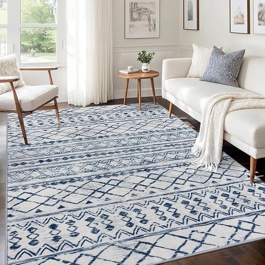 KUTA Area Rug 5x7, Moroccan Large Blue White Rugs Washable Boho Non-Slip, Ultra Soft Geometric Traditional Farmhouse Carpet for Living Room Dining Room Bedroom Dorm Office Home Décor