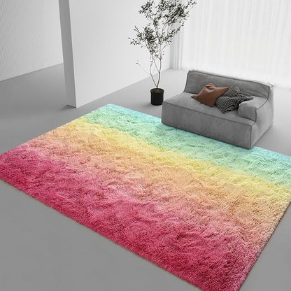 DweIke Luxury Fluffy Kids Rugs for Living Room Bedroom, 6x9 Large Shaggy Rainbow Pink Area Rug for Girls Boys, Upgrade Plush Non-Slip and Washable Colorful Fuzzy Carpet for Dorm Nursery Decor