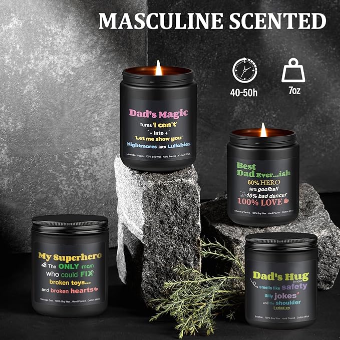 Scented Candles for Men, 4 Pack Mens Candle Set for Dad, 28oz Soy Dad Candles for Home Scented - Lavender Woods/Smoke Vanilla/Vintage Oak/Leather, Gifts for Father, Birthday, Father’s Day