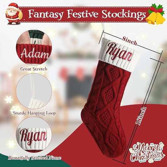 Personalized Christmas Stockings,Custom Embroidered Name+Logo Xmas Knitted Stockings 18'',Holiday and Family Stocking for Fireplace Christmas Holiday Party Decoration 1-6Pack（White Red）