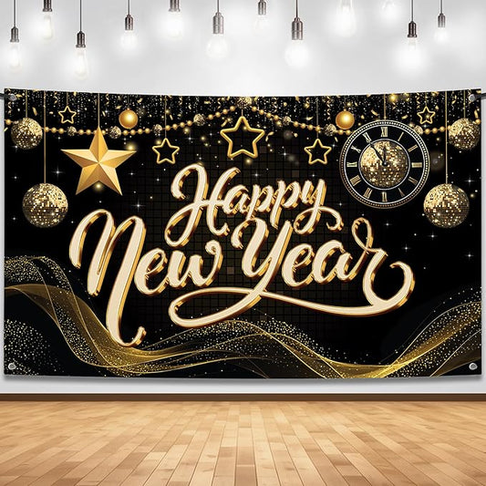 KatchOn, XtraLarge Happy New Year Banner - 72x44 Inch | Happy New Year Backdrop for Happy New Years Decorations 2026 | NYE Decorations 2026, New Years Eve Party Supplies 2026