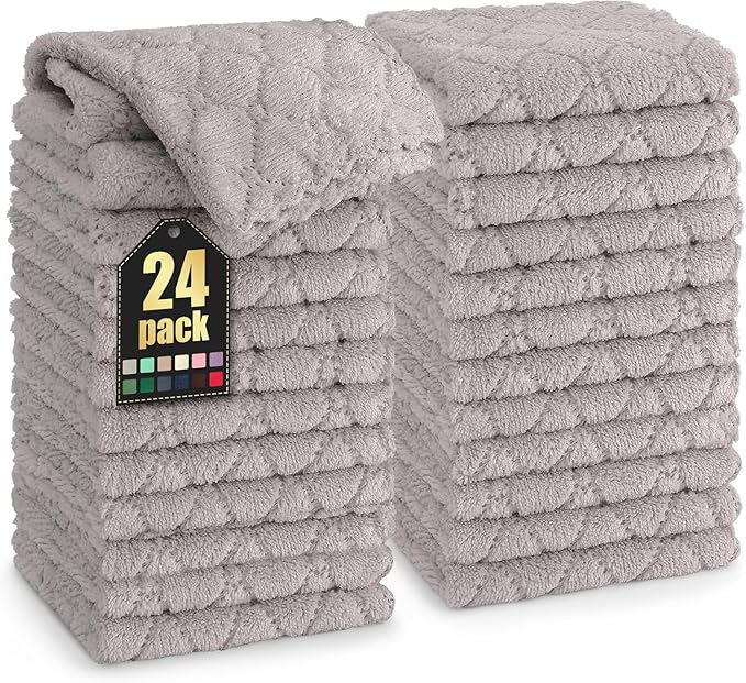 Homaxy 24 Pack Kitchen Dish Cloths (10 x 10 Inches, Grey), Super Soft and Absorbent Coral Velvet Dish Towels, Nonstick Oil Fast Drying Microfiber Cleaning Cloth, No Lint Household Dishcloths